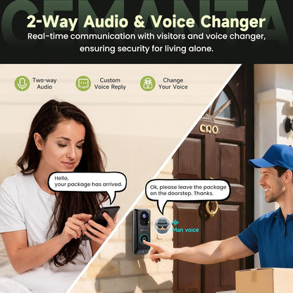 CEMANTA 2K Wireless Video Doorbell Camera with Chime, Dual-Camera 190° Wide View, AI Human Detection, Night Vision, 2-Way Audio, 9000mAh Battery