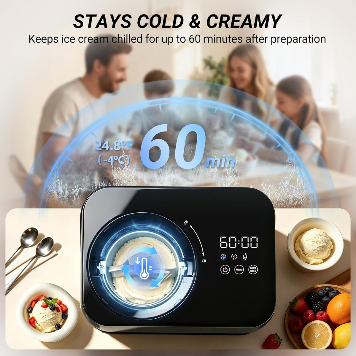 Inoviva Ice Cream Maker Automatic 1.7 Pt, No Pre-Freezing,Built-In Compressor, Digital Display & Timer,3 Presets, Makes ice cream, Gelato, Perfect for home & party, IM001