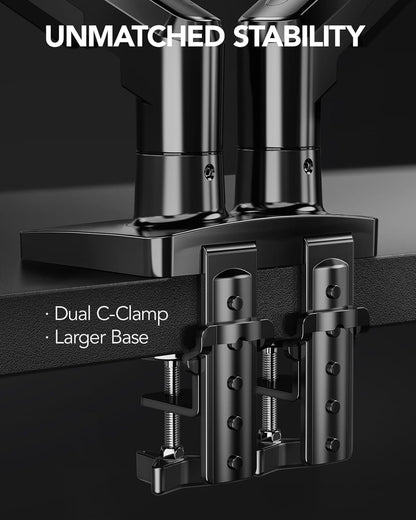 HUANUO FlowLift™ Dual Monitor Stand, Fully Adjustable Gaming Monitor Desk Mount for 13–32″ Computer Screens, Full Motion VESA 75x75/100x100 with C-Clamp & Grommet Base, Each Arm Holds 4.4 to 19.8 lbs