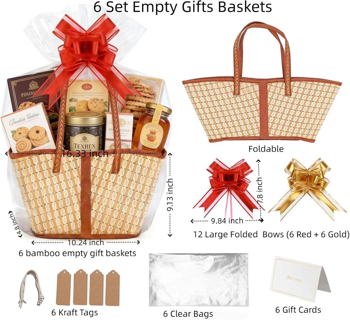 HyperionFlo Essentials 6-Piece Bamboo Gift Basket Set, Large Woven Empty Gift Baskets with Clear Bags, Bows, Cards & Kraft Tags, Khaki