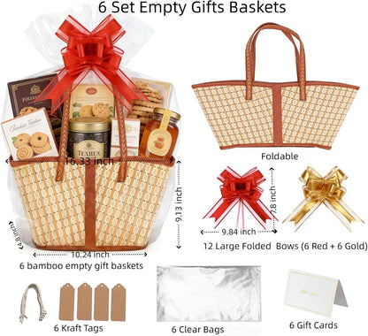 HyperionFlo Essentials 6-Piece Bamboo Gift Basket Set, Large Woven Empty Gift Baskets with Clear Bags, Bows, Cards & Kraft Tags, Khaki