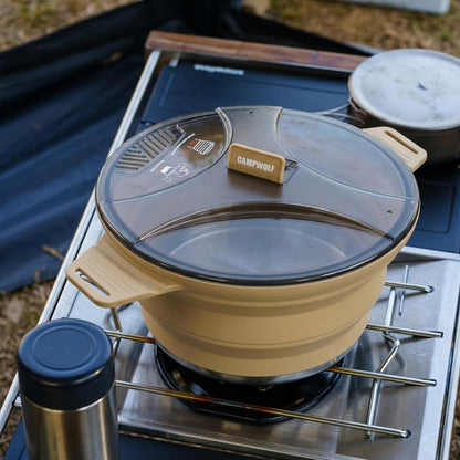 2.5L Collapsible Camping Cook Pot, Khaki Portable Cookware, Outdoor Hiking