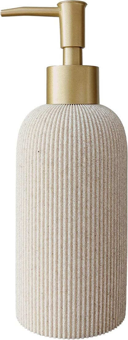 Sand Beige Hand Soap Dispenser with Matte Gold Pump, 11oz Luxury Boho Farmhouse Style, Fluted Sandstone Texture, Lotion & Dish Soap Dispenser for Bathroom and Kitchen Countertop