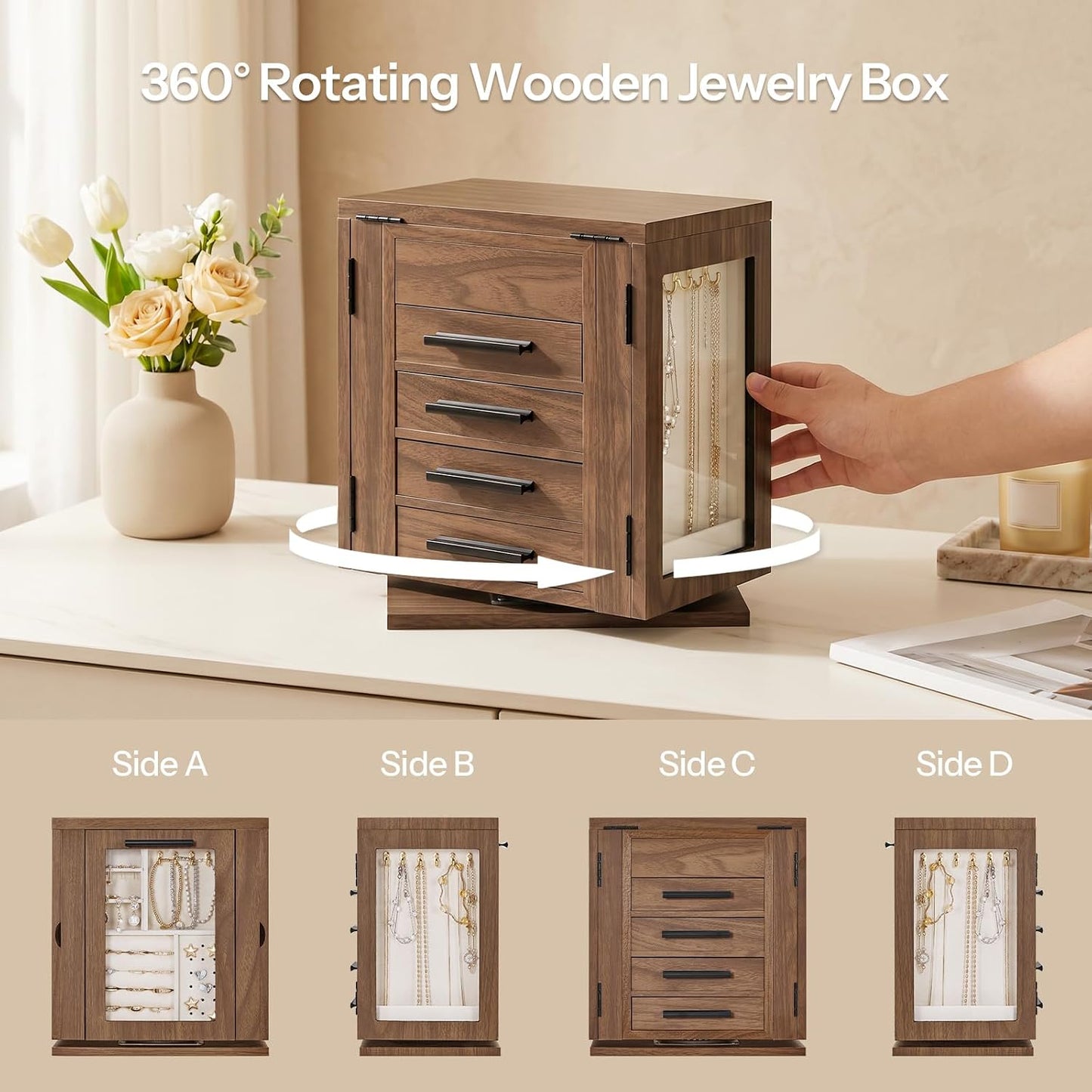 HOOBRO 360° Rotating Jewelry Box with Mirror, Wooden Jewelry Organizer Box 4 Drawers, 3 Transparent Acrylic Doors, Large Jewelry Storage Box for Necklaces, Rings, Bracelets, Earrings, Walnut BH31JB04
