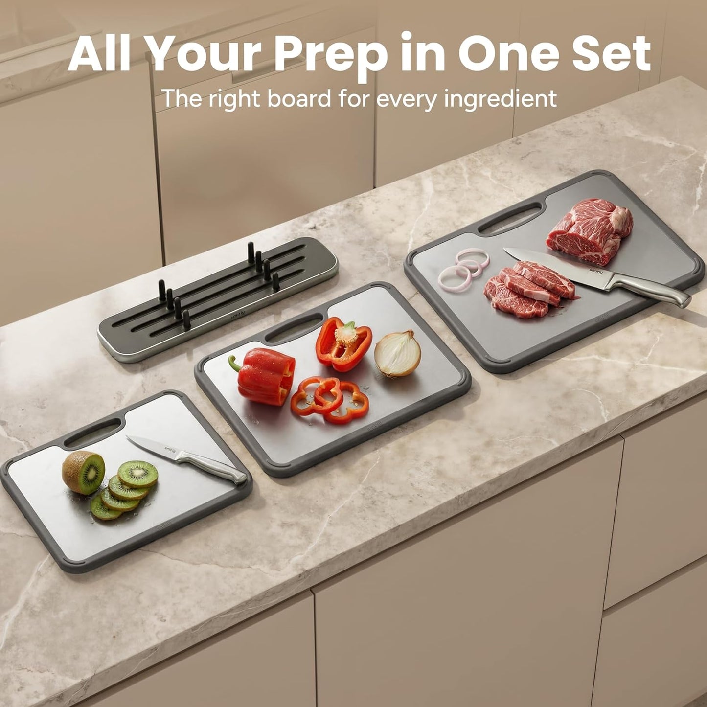 SMIRLY Titanium Cutting Board for Kitchen, with Holder, 3 Pack, Silver