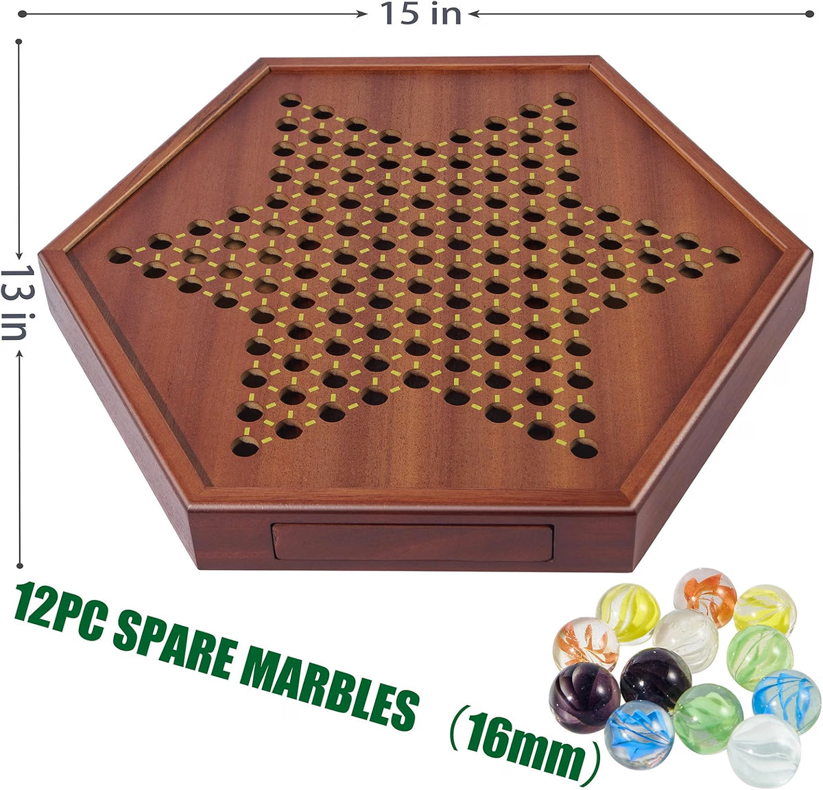 Vamslove Chinese Checkers 15-Inch Large Wooden Game Board, 72 Colorful 16mm Glass Marbles, 1-6 Player Family Board Game with Storage Drawer