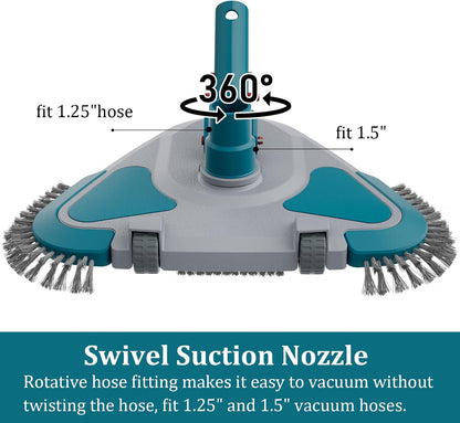 POOLWHALE Weighted Triangular Pool Vacuum Head with Brush, 13-Inch ABS Pool Cleaner with Wheels, Side Brushes & EZ Clip Handle, for Vinyl Liner, Above Ground & Inground Pools