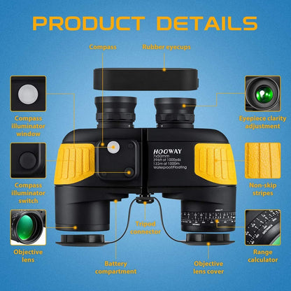 HOOWAY 7x50 Waterproof Fogproof Marine Binoculars with Internal Rangefinder & Illuminated Compass, BAK4 Porro Prism, Fully Multi-Coated Optics, Army Yellow