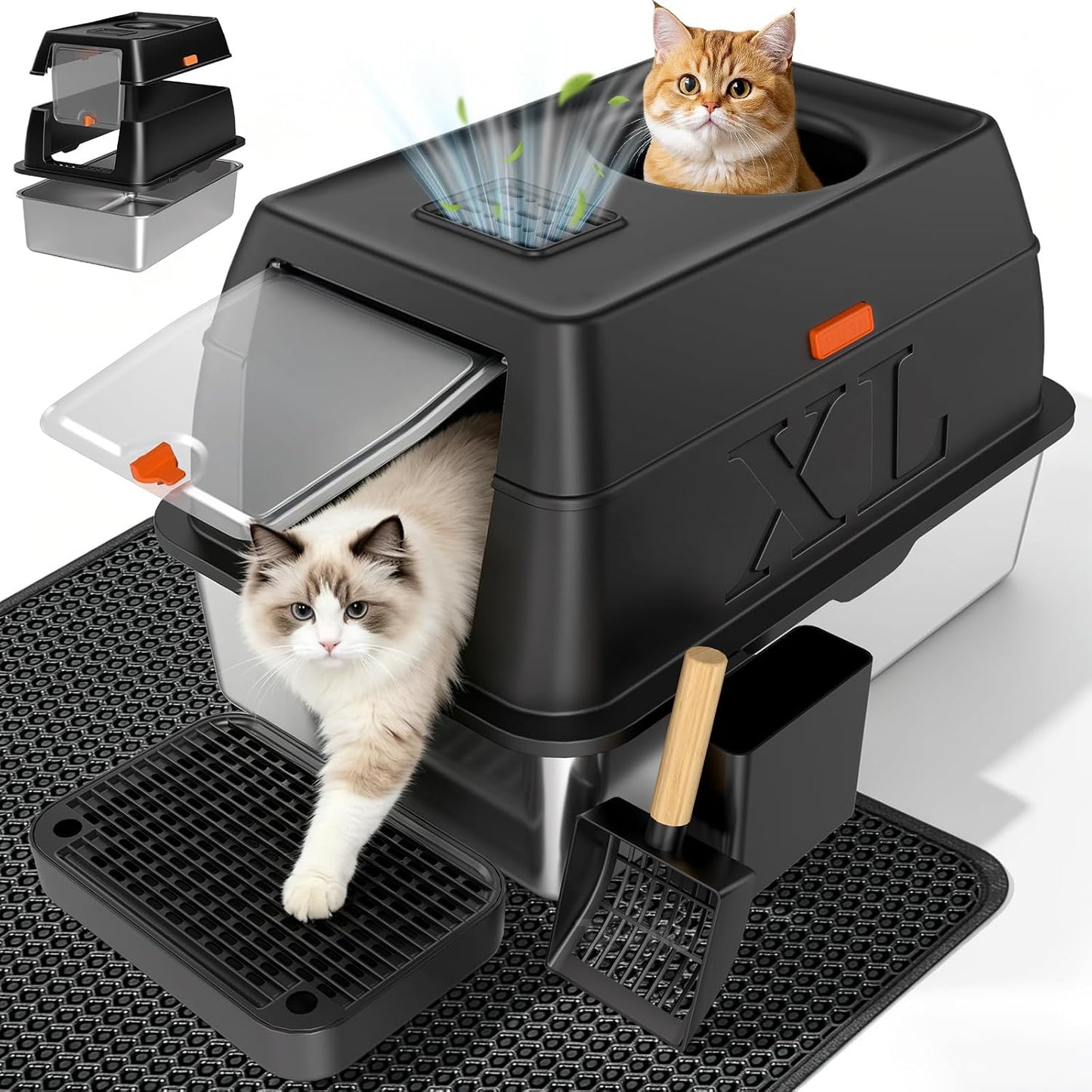 TEVILA XL Enclosed Stainless Steel Litter Box with Lid, Black, High-Sided Cat Litter Box with Scoop, Step & Mat, X-Large