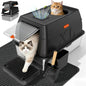 TEVILA XL Enclosed Stainless Steel Litter Box with Lid, Black, High-Sided Cat Litter Box with Scoop, Step & Mat, X-Large