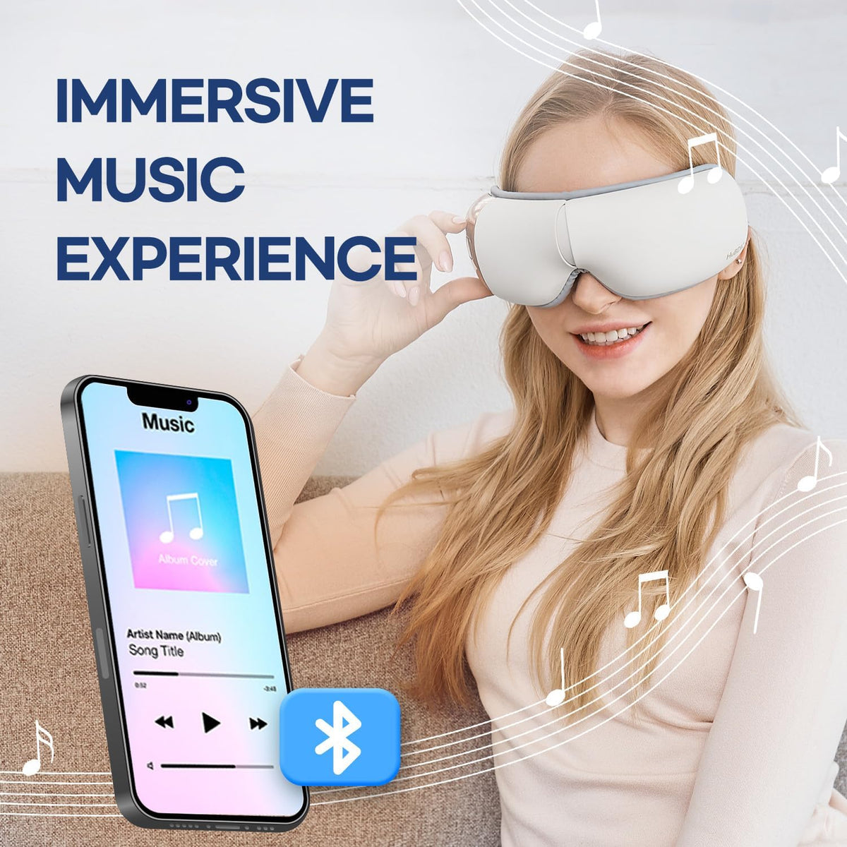 HuBDIC HubiCare Eye Massager with Heat, Vibration and Music, Portable Eye Massage Mask for Relaxation and Eye Comfort, White