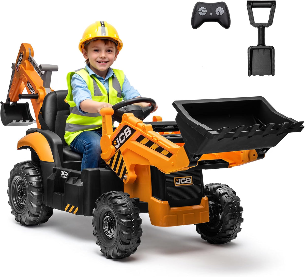 First Ride On JCB 3CX Licensed 24V Ride-On Excavator for Kids, 3-in-1 Electric Backhoe Digger with Reversible Seat, Detachable Arms, Remote Control & Dual 120W Motors