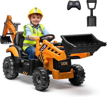 First Ride On JCB 3CX Licensed 24V Ride-On Excavator for Kids, 3-in-1 Electric Backhoe Digger with Reversible Seat, Detachable Arms, Remote Control & Dual 120W Motors