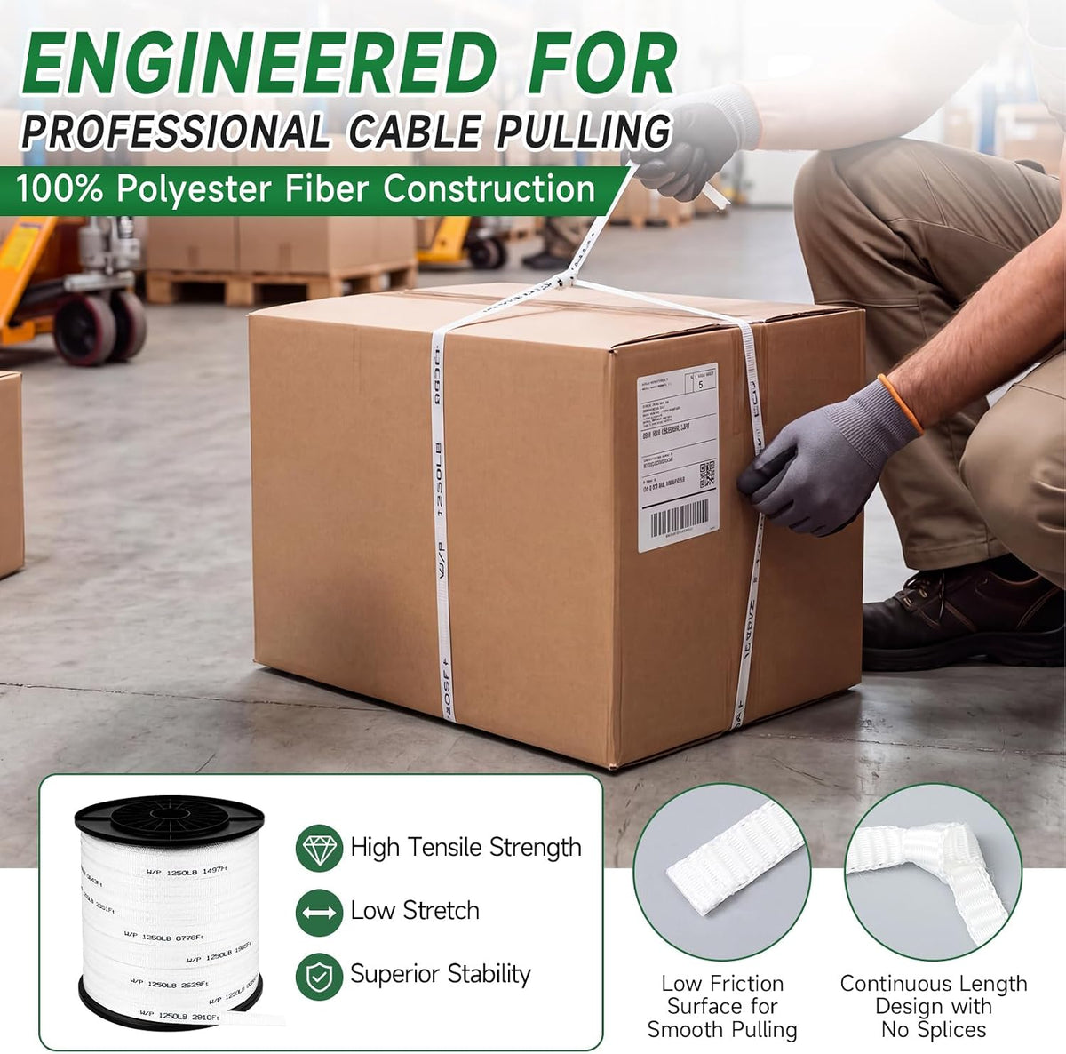 Woanger 1250 lb Pull Tape, 1/2 Inch x 3000 ft Polyester Pull Tape Heavy Duty Flat Rope, Printed Footage Markings, Cable Wire Pulling Webbing, for Electrical, Industrial and Construction Use