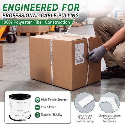 Woanger 1250 lb Pull Tape, 1/2 Inch x 3000 ft Polyester Pull Tape Heavy Duty Flat Rope, Printed Footage Markings, Cable Wire Pulling Webbing, for Electrical, Industrial and Construction Use