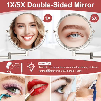 Wall Mounted Makeup Mirror, 1X/5X Magnifying Mirror Double Sided, 8 Inch Extendable Bathroom Mirror for Shaving, Nickel