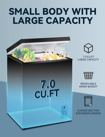 7.0 Cu Ft Chest Freezer - Energy Saving Quiet Top Open Door Mini Freezer Adjustable 6 Thermostat - Compact Small Deep Freezer w/Removable Basket and Defrost Water Drain for Home/Apartment/Garage