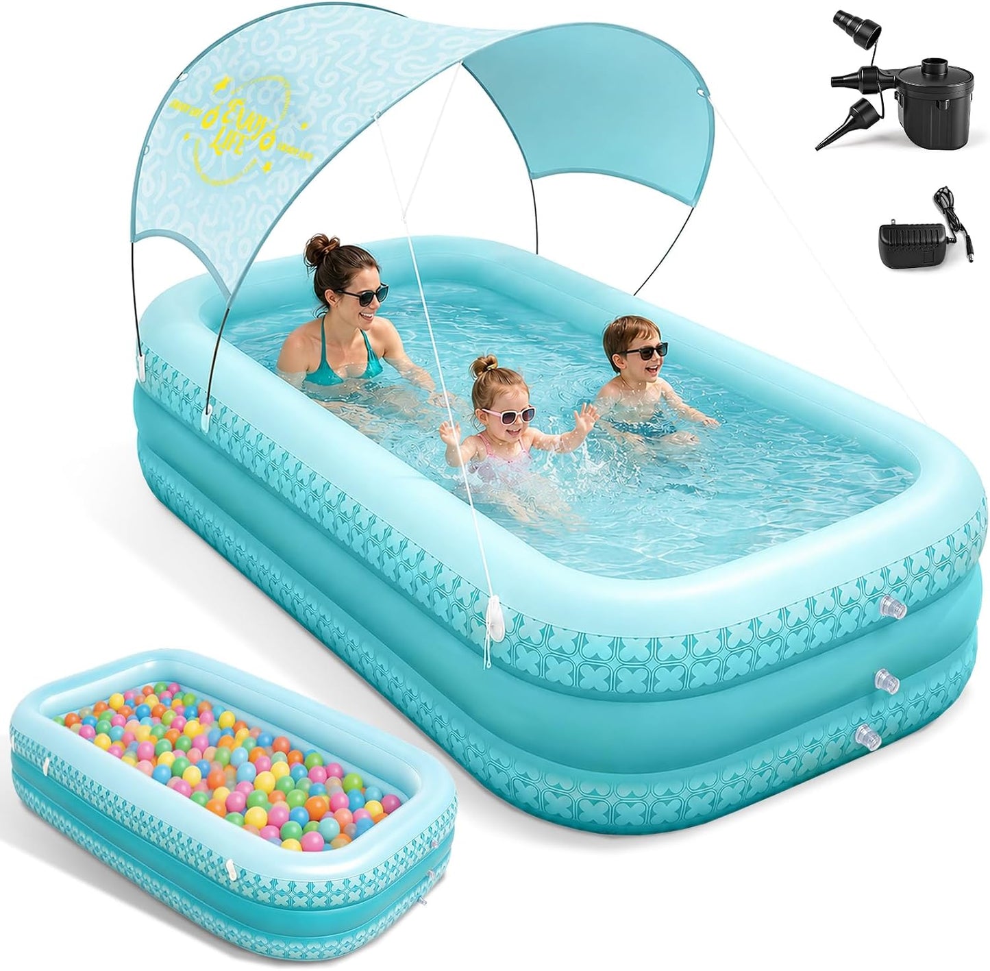 Kiddie Pool with Canopy, Extra Large Inflatable Swimming Pool with Sunshade, Reinforced PVC Family Pool with Drain Hole for Backyard, Beach and Outdoor Use