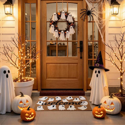 PKFEDR Halloween Door Mat, 17 x 30 Inch Non-Slip Front Welcome Mat, Spooky Ghost Outdoor Indoor Doormat, Weather Resistant Entryway Rug
