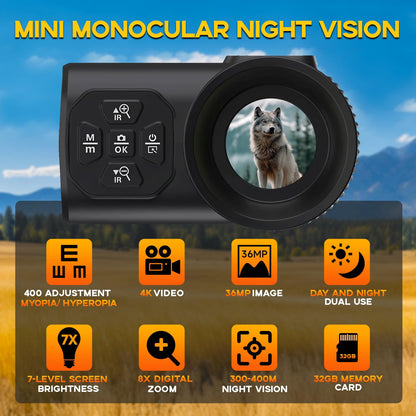 Wurapl 4K Night Vision Monocular for Adults, Digital Infrared Night Vision Device with Starlight Sensor, 7-Level IR Brightness, 8X Digital Zoom, 300–400M Viewing Range, IP54, for Hunting, Wildlife & Outdoor Use
