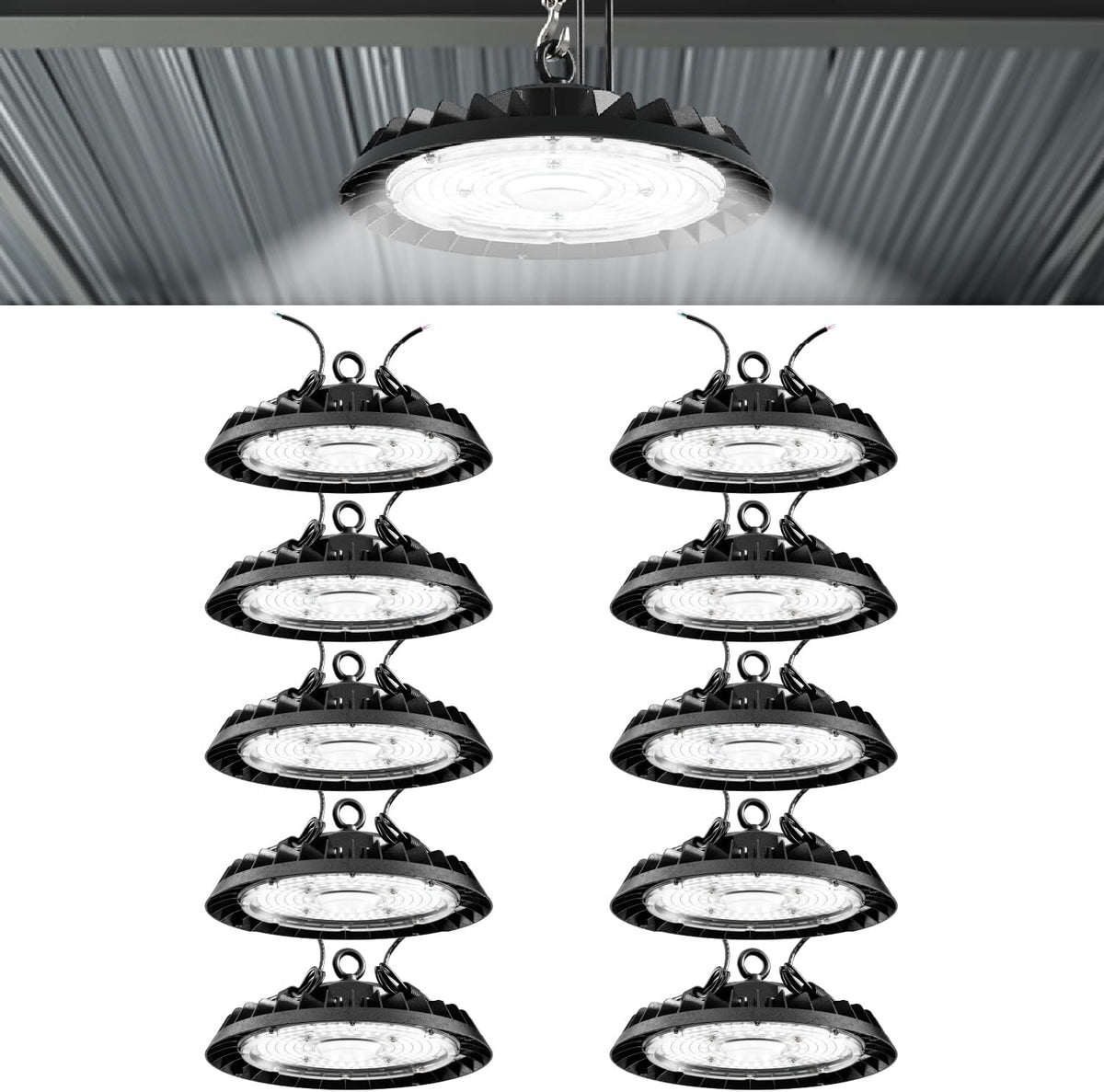 Sunco 10 Pack UFO LED High Bay Light, 150W, 6000K, 21000LM, Dimmable 100-277V, 0-10V, Ceiling Mount, Ultra Bright Commercial Shop Lights, Warehouse, Factory, Workshop, Garage, Barn, Waterproof