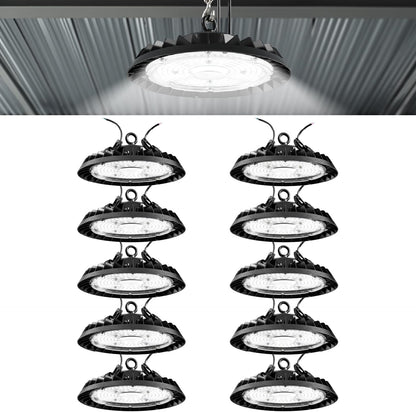 Sunco 10 Pack UFO LED High Bay Light, 150W, 6000K, 21000LM, Dimmable 100-277V, 0-10V, Ceiling Mount, Ultra Bright Commercial Shop Lights, Warehouse, Factory, Workshop, Garage, Barn, Waterproof