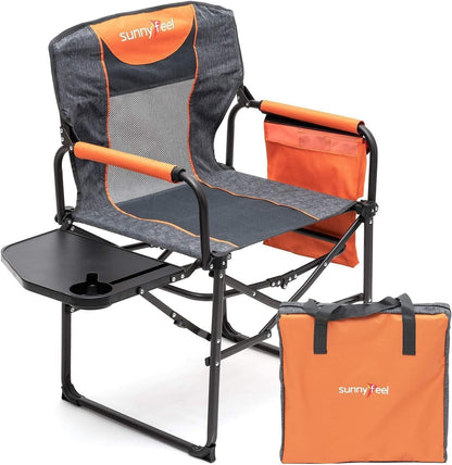 SUNNYFEEL Oversized Camping Chair Portable Directors Chairs with Side Table Heavy Duty Folding Lawn Chair for Adults 300LBS with Compact Size, Breathable Mesh, Pocket & Carry Bag for Outdoor, Lawn, RV