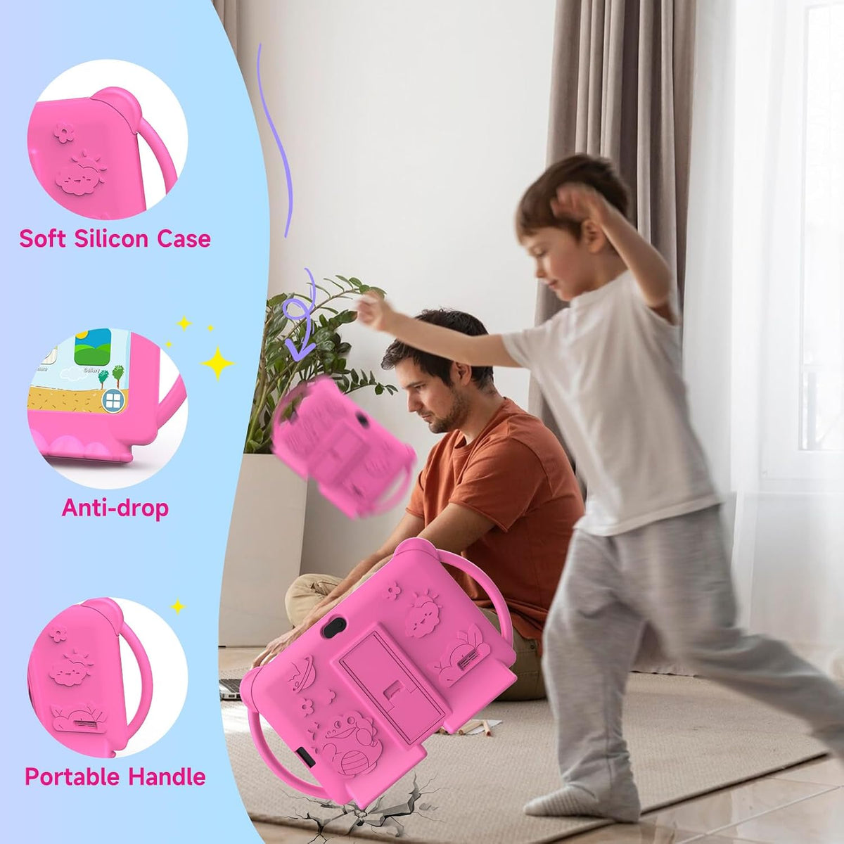PEICHENG PCQ8 Kids Tablet 7 Inch, Android 12, 4GB RAM 32GB ROM, Parental Control, Dual Camera, IPS Touchscreen, Shockproof Case, Pink