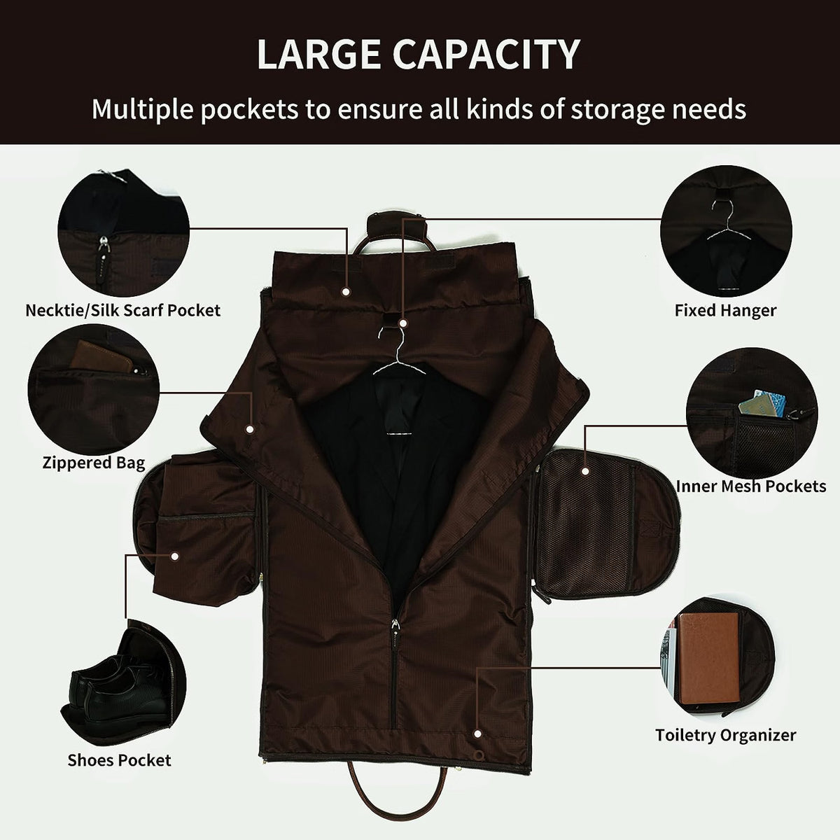 UPRESYE Convertible Leather Garment Bag, Full Grain Cowhide Leather 2-in-1 Suit Travel Bag with Shoe Pouch, Carry-On Hanging Garment Duffel Bag, Deep Brown
