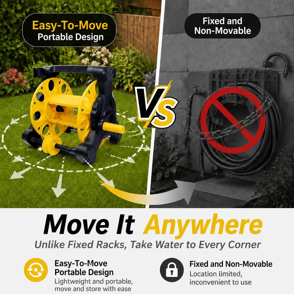 HyperionFlo Essentials Garden Hose Reel Cart, Manual Water Hose Reel with Hose Guide, Hand Crank & Portable Wheeled Frame