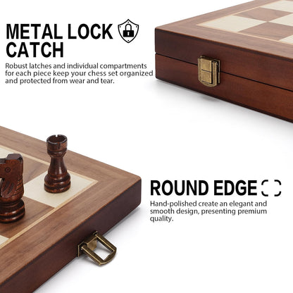 Jumlys Magnetic Wooden Chess Set, 15-Inch Folding Chess Board with 2 Extra Queens, Portable Travel Chess Set with Storage Slots, Solid Wood Chess Game for Adults & Kids