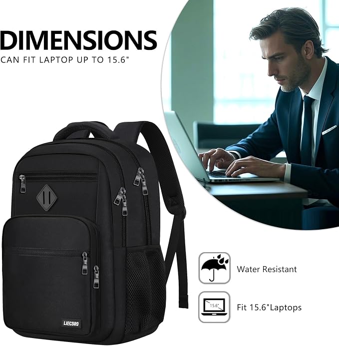 LIECDRO Black Backpack for Men, 17.3-Inch Laptop School Backpack for Boys & Teens, Waterproof Travel Work College Backpack with Multiple Pockets, Anti-Theft Pocket & Luggage Strap