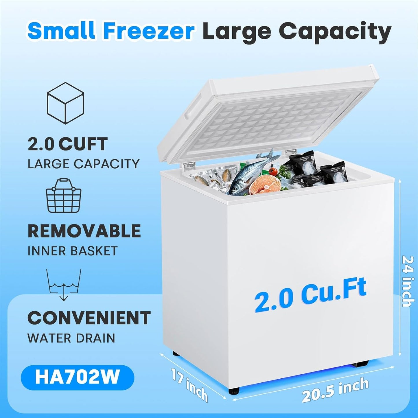 DOGHLY 2.0 Cu.Ft Chest Freezer, Small Deep Freezer with Removable Basket Mini Freezer with 7 Adjustable Temperature, Compact Food Storage Freezer Chest for Home Office Garage Apartment, White