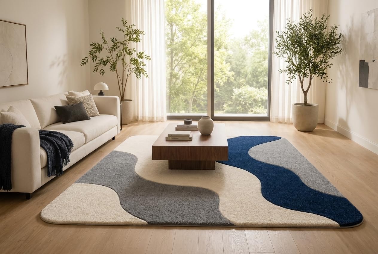 Hand Tufted Wool Area Rug 5x8 Ft Rectangular, Modern Abstract Wave Design Carpet, Navy Blue Grey & Ivory Contemporary Handmade Floor Rug for Living Room & Office