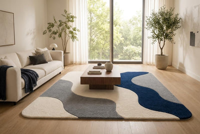 Hand Tufted Wool Area Rug 5x8 Ft Rectangular, Modern Abstract Wave Design Carpet, Navy Blue Grey & Ivory Contemporary Handmade Floor Rug for Living Room & Office