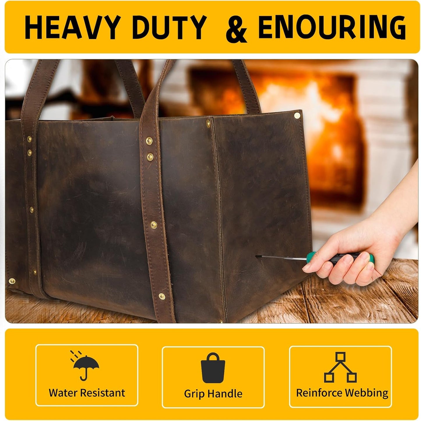 Woodman's Premium Cowhide Leather Log Carrier, Handcrafted Heavy-Duty Firewood Bag for Outdoor Camping, BBQ