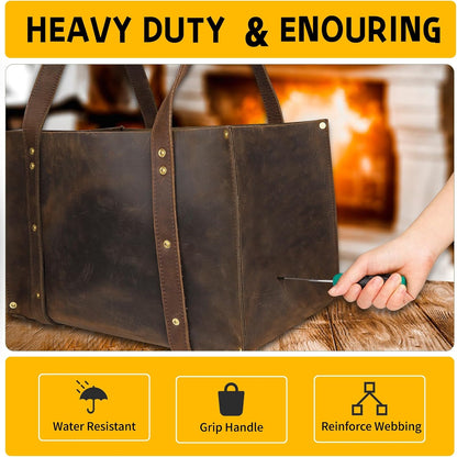 Woodman's Premium Cowhide Leather Log Carrier, Handcrafted Heavy-Duty Firewood Bag for Outdoor Camping, BBQ