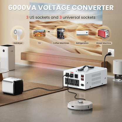 6000VA Step Up/Down Voltage Transformer Converter 110/120V to 220/240V Auto Input Recognition,3 US & 3 Universal Outlets, LCD Display,for Home Appliances,International Travel, Workshop, Power Tool