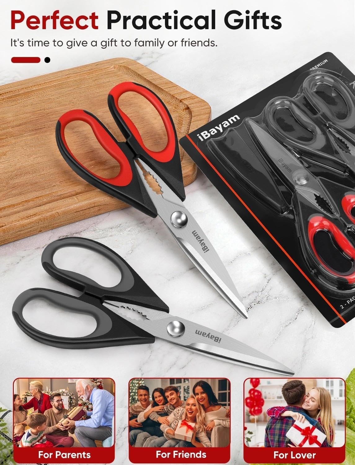 iBayam Kitchen Scissors Shears All Purpose Heavy Duty, Protective Sheath, 2-Pack, Ultra-Sharp Stainless Steel Blades, Soft Comfort-Grip, Dishwasher Safe, Cutting Food, Cooking, Meat & Poultry