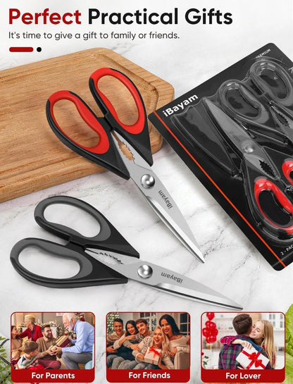 iBayam Kitchen Scissors Shears All Purpose Heavy Duty, Protective Sheath, 2-Pack, Ultra-Sharp Stainless Steel Blades, Soft Comfort-Grip, Dishwasher Safe, Cutting Food, Cooking, Meat & Poultry