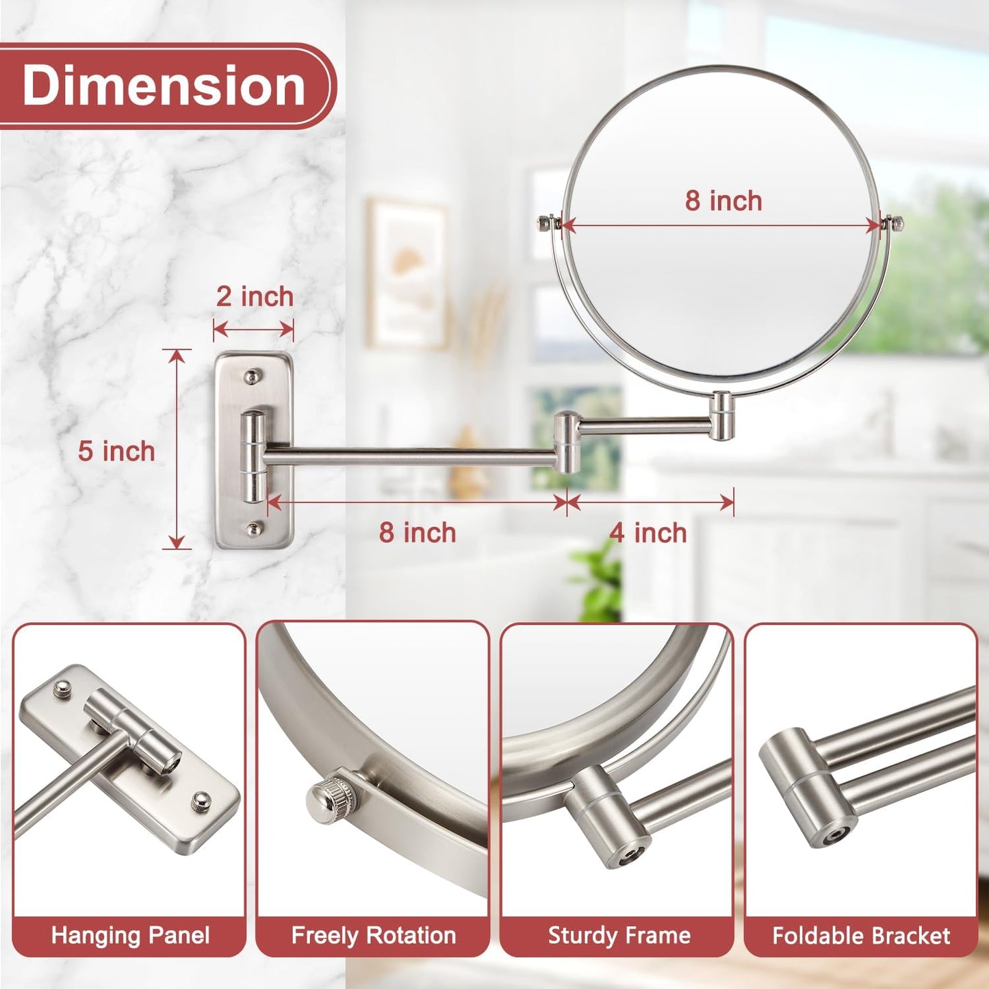 Wall Mounted Makeup Mirror, 1X/5X Magnifying Mirror Double Sided, 8 Inch Extendable Bathroom Mirror for Shaving, Nickel