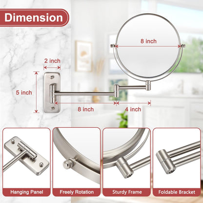 Wall Mounted Makeup Mirror, 1X/5X Magnifying Mirror Double Sided, 8 Inch Extendable Bathroom Mirror for Shaving, Nickel