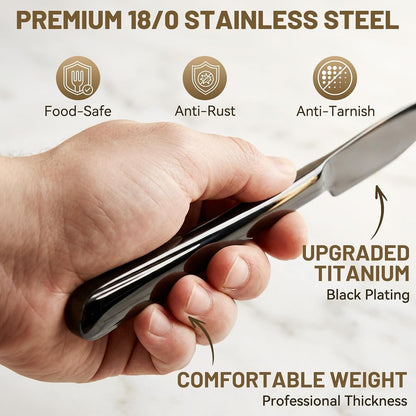 48 PCS NO-FADING Black Silverware Set with Steak Knives, Flatware for 8 Titanium Black Finish, Rust Resistant, Food-Grade Stainless Steel Cutlery Utensils Set, Mirror Polished & Dishwasher Safe