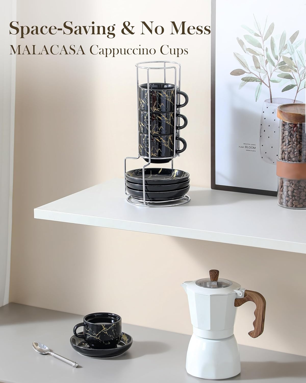 MALACASA Porcelain Espresso Cups Set of 4, with Saucers and Metal Stand, 4 Ounce Stackable Cappuccino Cups, Expresso Shots Cup Ceramic Demitasse Mugs, Marble Black