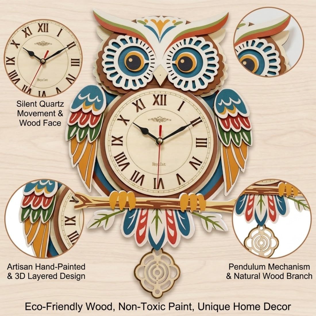 GryGooy Wooden Pendulum Clock Model Kit | 26-Piece Owl 3D Wooden Puzzle with Moving Clock Mechanism, DIY Wall Decor for Living Room & Study