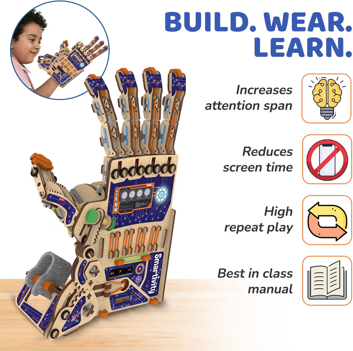 Smartivity Robotic Mechanical Hand STEM Toy for Kids Ages 8-14, DIY Wooden STEAM Building Kit, Educational Robotics Toy for Boys & Girls