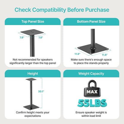 PEGZONE Speaker Stands Pair – 30" Fixed Height Tempered Glass Floor Stands, 55lbs Capacity (Black)