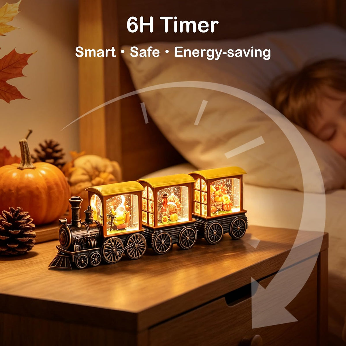 Gorrzai Fall Snow Globe Lantern, Pumpkin Turkey Gnome Train, 6H Timer
