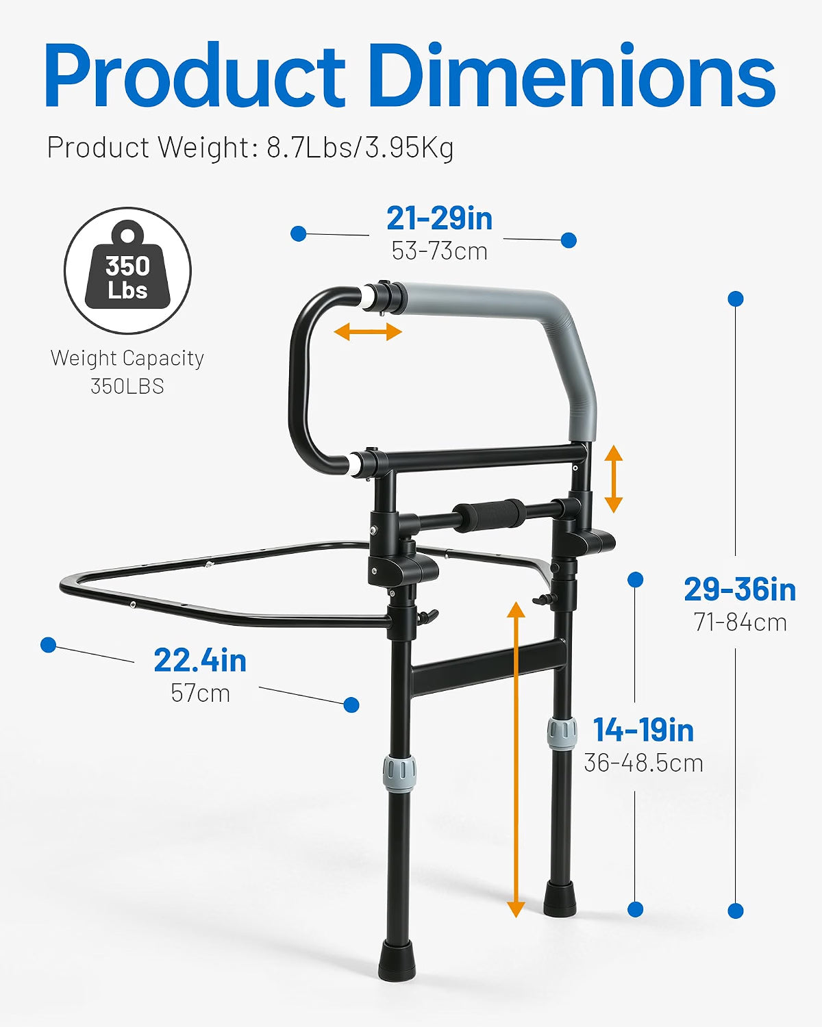 HyperionFlo Essentials Foldable Safety Bed Rail, Adjustable Height Bed Assist Rail with Storage Pocket, Steel Bedside Support Handle, Black