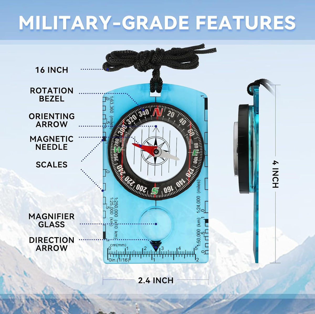 HKDiRedy Military-Grade Navigation Compass, Precision Magnetic Hiking Compass with Acrylic Base Plate, 1:50000 Map Scale, Lightweight Outdoor Survival Compass